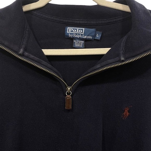 POLO RALPH LAUREN Men's Sweater NAVY BLUE 1/4 Zip Cotton Pullover Brown Logo L - Picture 2 of 6
